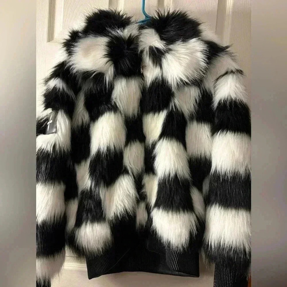 SMFK Chessboard Faux Fur Bomber Jacket - Picture 4 of 13